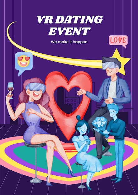 Vector poster template with vr dating conceptwatercolor style