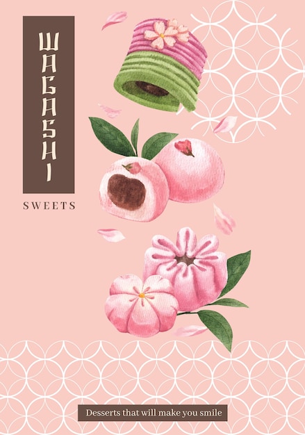 Вектор Шаблон плаката с японским десертом вагаси в стиле акварели