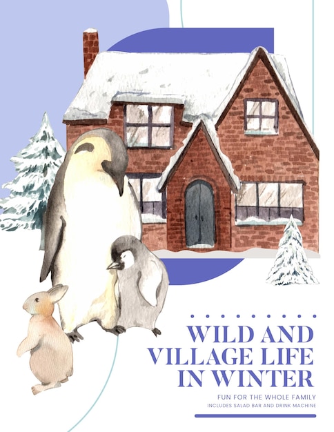 겨울 conceptwatercolor 스타일의 야생 마을 생활 포스터 템플릿