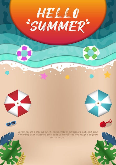 Шаблоны плакатов Paper Cut Hello Summer с иллюстрацией заката и пляжа