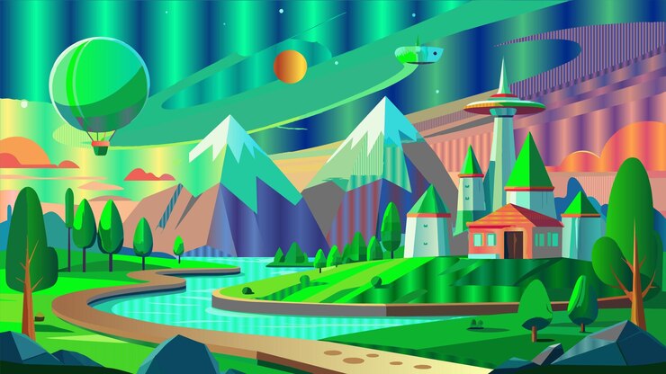 Vector 背景に山がある寺院のポスター
