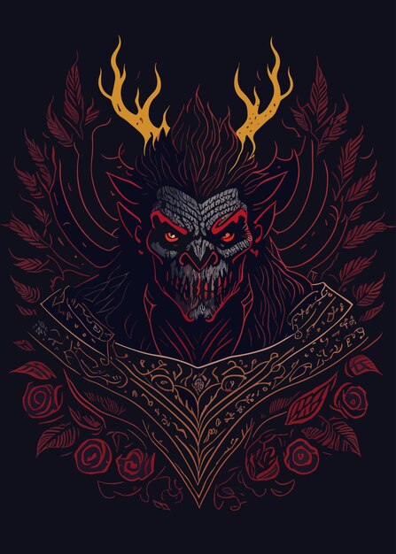 A poster that has a demon with horns and a red head with a black background.