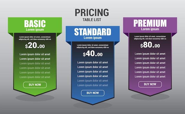 Vector a poster that says pricing table list.