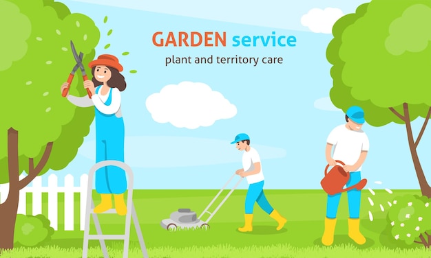 Poster on the theme of garden service and territory care in a flat design