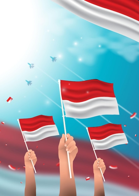 Poster Three Indonesian flags in celebration of Indonesia's Independence Day