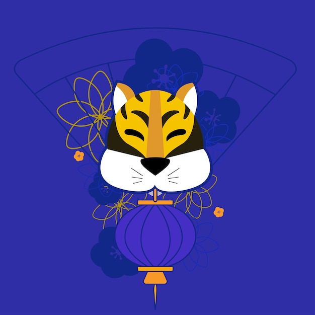 Poster tijger met Chinese lantaarn en bloemen vector illustratie op blauwe background