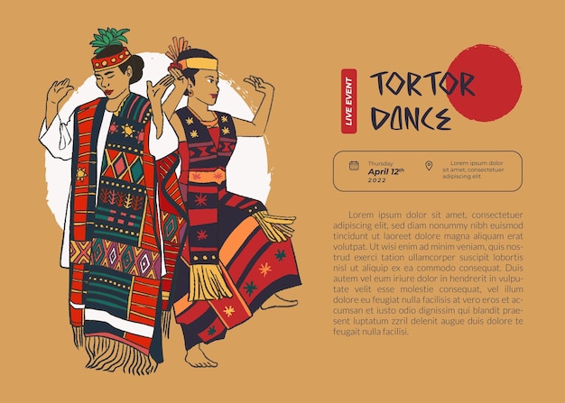 Vector poster tortor dance famous traditional dance of indonesia culture sumatera regency hand drawn background