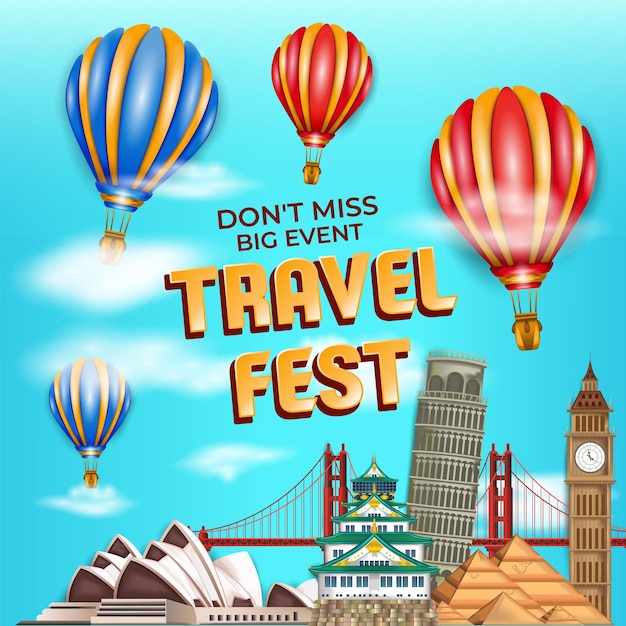 Poster for travel fest advertisement with world landmark illustration