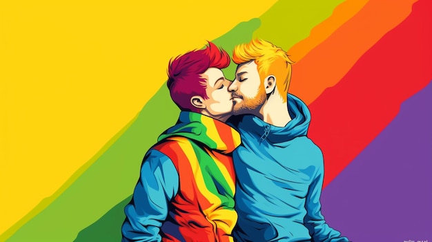 Vector a poster of two men kissing and one has a rainbow colored background