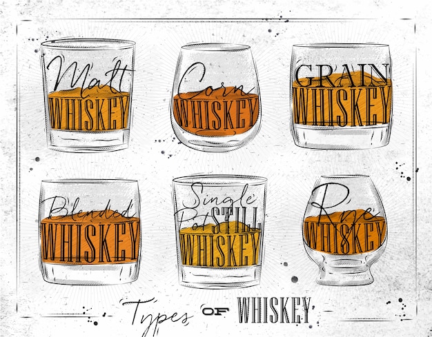 Vector poster types of whiskey with glasses lettering