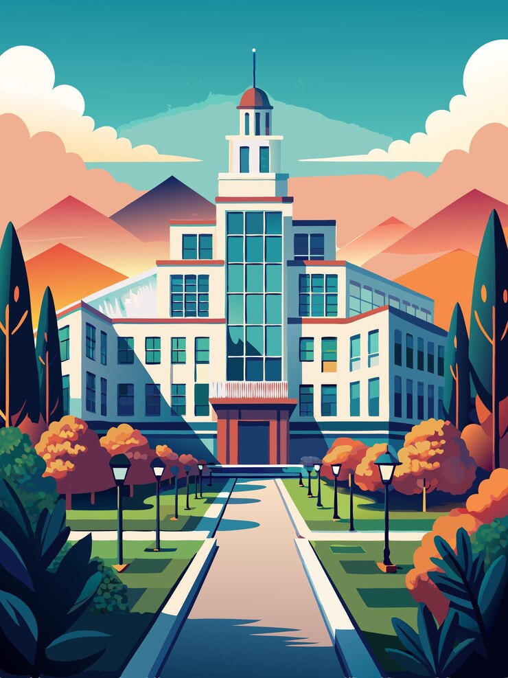 Vector a poster for the university of colorado shows a building with a park in the background