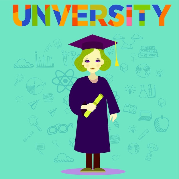 Vector a poster for university with a woman wearing a cap and gown.