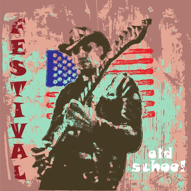 poster van Amerikaans country rock muziekfestival met gitarist die gitaar speelt op heldere texturen