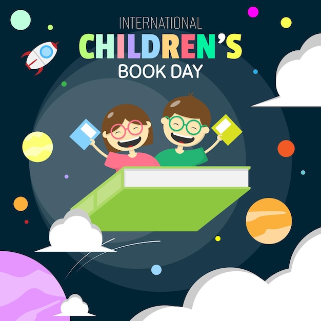 Vector poster van de internationale dag van het kinderboek met twee kinderen die met een boek vliegen