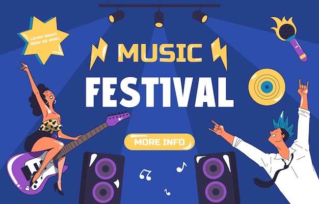 Poster van een muziekfestival man en vrouw met elektrische gitaar in de buurt van de scène energetisch geluid en golven