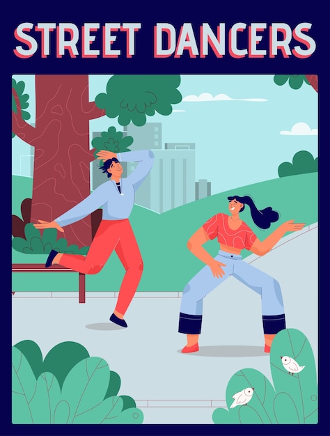 Vector poster van het concept van street dancers. mannen en vrouwen dansen samen in verschillende stijlen in het stadspark.
