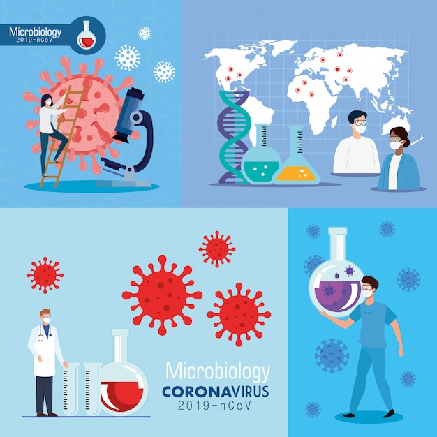 Poster van microbiologie voor covid 19 en medische pictogrammen instellen