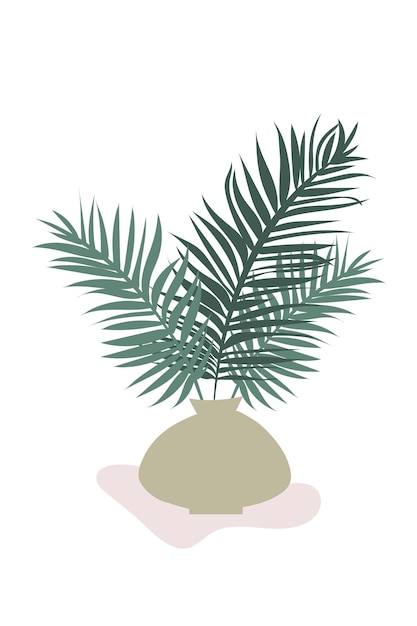 Vector poster vase with palm branches wall banner for interior design in calm pastel colors boho style