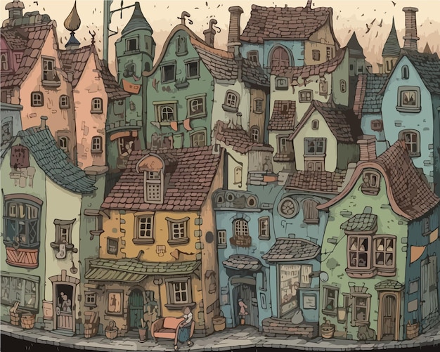 A poster of a village with the style of Tim Burton