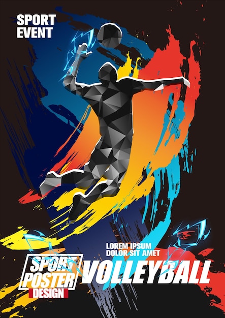 A poster for a volleyball game with a man jumping in the air.