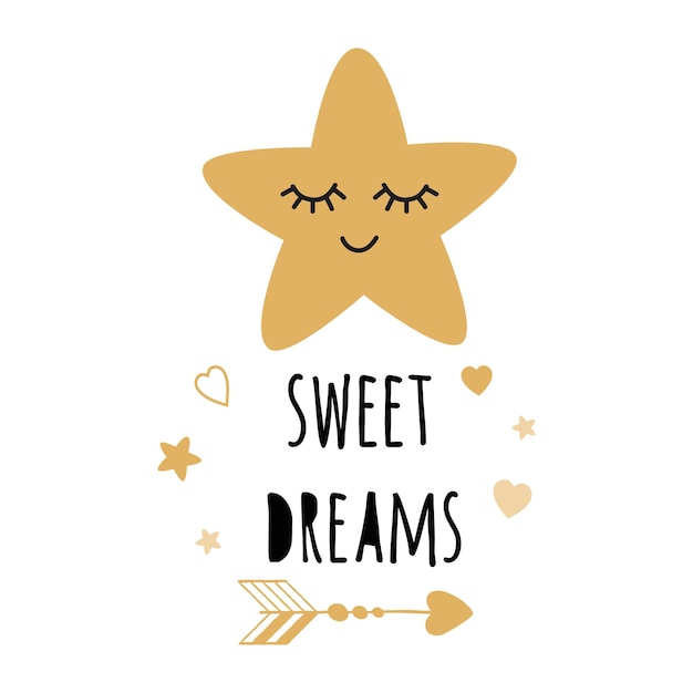 Poster voor babykamer met tekst Sweet Dreams voor ingerichte schattig hand getrokken gouden cartoon slapende ster Positieve zin voor baby shower ontwerp kaart banner doek kinderachtig gouden vectorillustratie