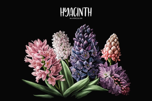 Vector a poster of watercolor hyacinths in black background