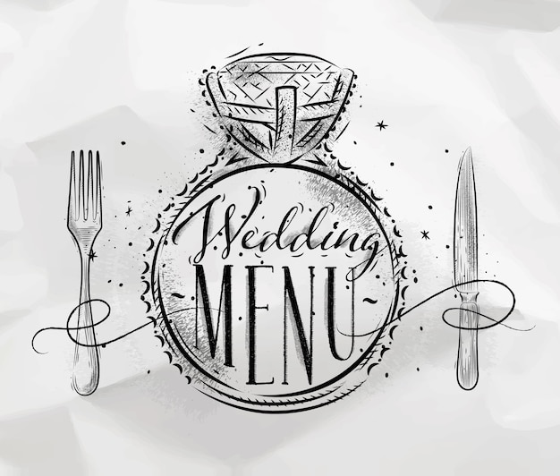 Poster wedding ring lettering wedding menu drawing on crumpled paper background