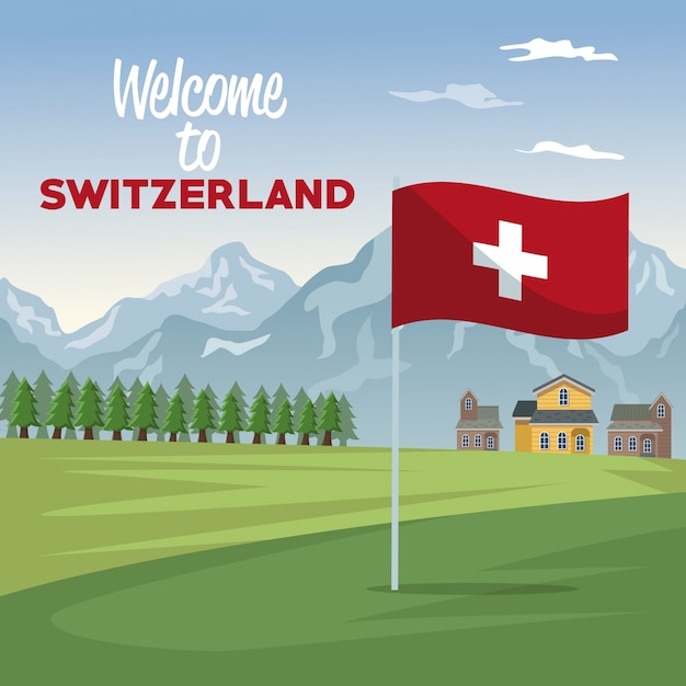 Vector poster of welcome of switzerland with forest and facades houses with closeup flag