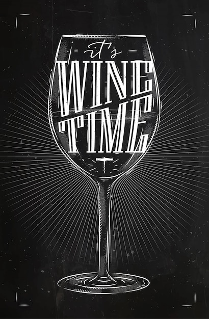 Poster wijnglas belettering zijn wijntijd tekening in vintage stijl met krijt op schoolbord