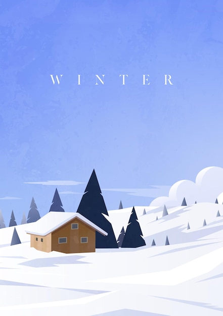 a poster of a winter scene with a cabin in the background