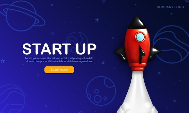 Poster with 3d cartoon red rocket flying into space. Landing page, business template with spaceship