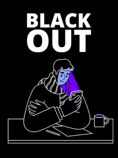 Плакат с мужчиной, смотрящим на смартфон на тему векторной иллюстрации blackout