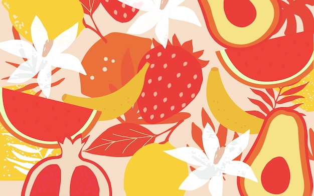 Vector poster with abstract fruits and berries summer hand drawn vector template