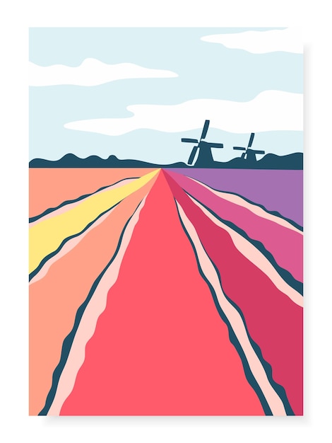 Vector poster with abstract hand drawn tulip fields and mills