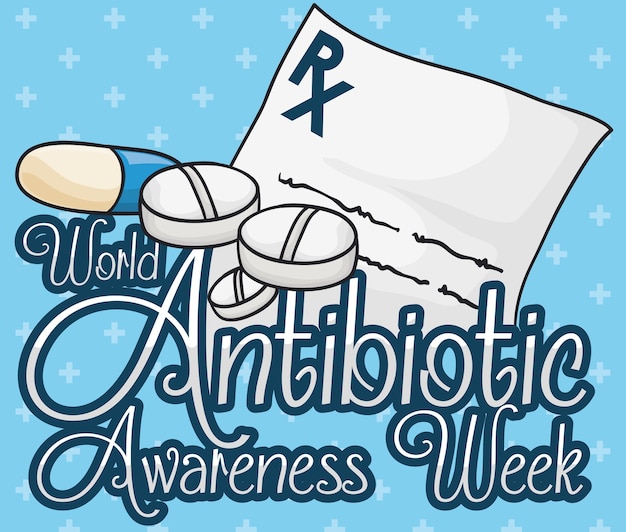 Poster with antibiotic pills and a medical prescription for World Antibiotic Awareness Week