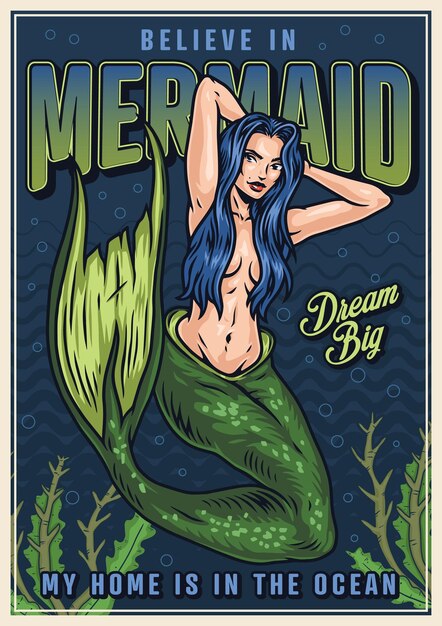 Poster with beautiful mermaid mythological marine life colorful vector illustration vintage style