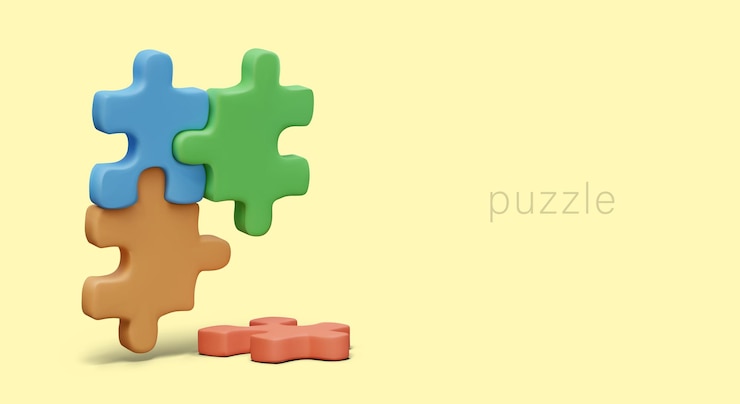 Vector poster with blue green orange and red puzzles business strategy finding solution concept