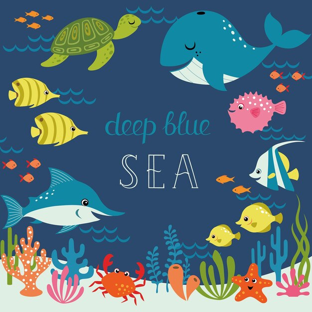 Vector a poster with a blue sea scene with a blue whale and the words deep blue sea