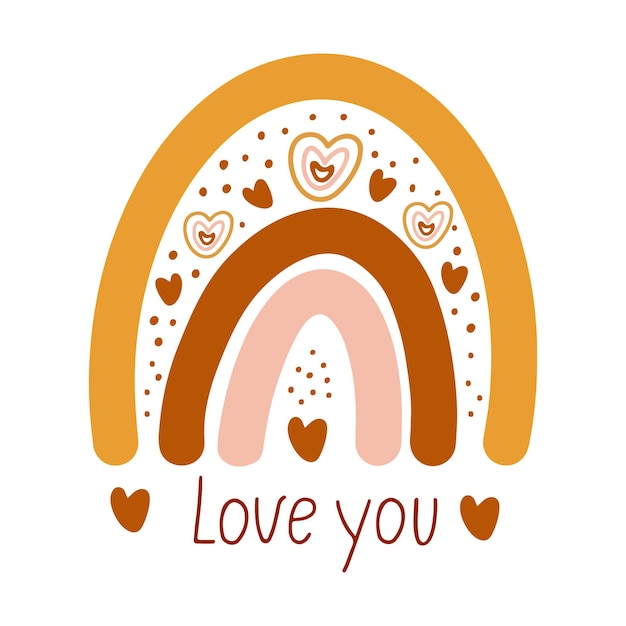 Poster with boho rainbow decorated with hearts and love you lettering