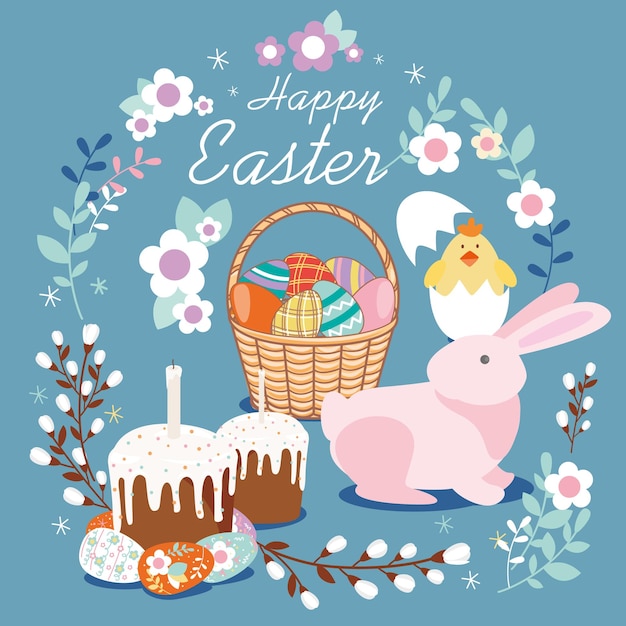 A poster with a bunny and a basket of food and flowers