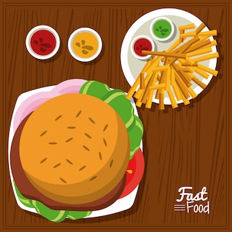 Poster con hamburger e salse e patatine fritte