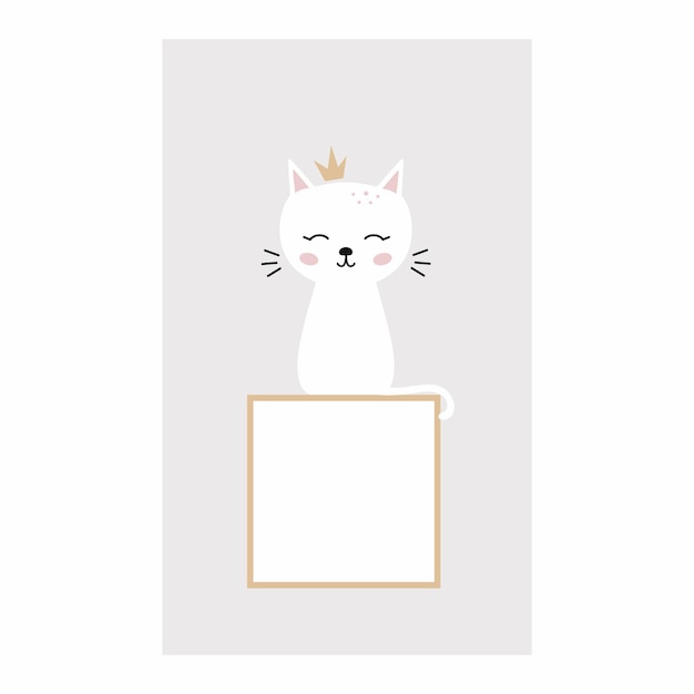 Vector poster with cat in crown. cute screensaver for smartphone with place for qr code. postcard for girl.