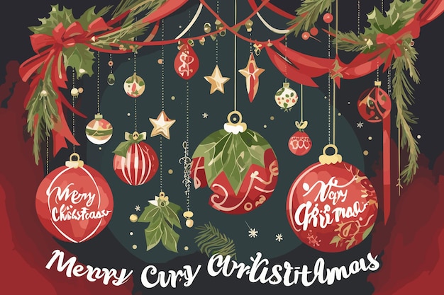 a poster with a christmas tree and ornaments with the words merry christmas.