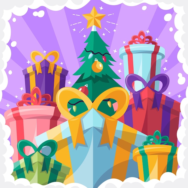 Vector a poster with a christmas tree and presents on it