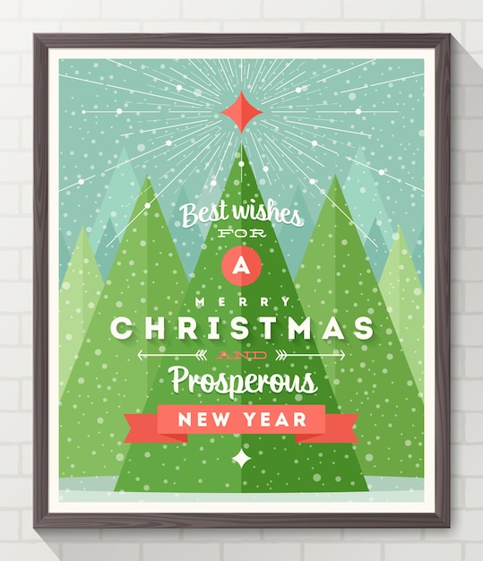 Vector poster with christmas tree and type design in wooden frame