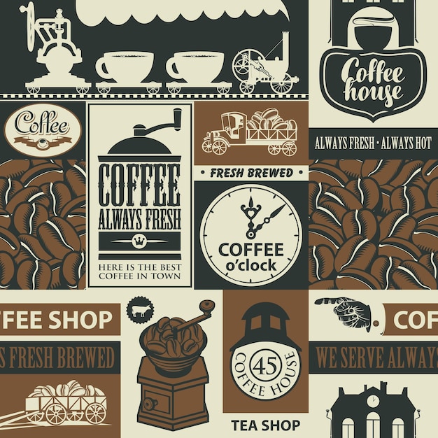 복고풍 커피 표지판의 콜라주가 있는 포스터