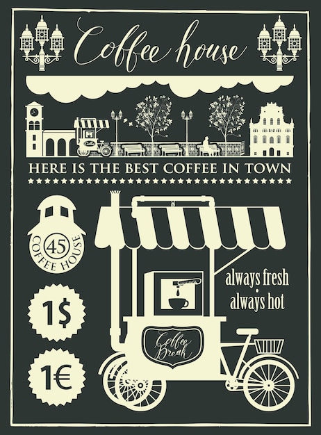 복고풍 커피 표지판의 콜라주가 있는 포스터