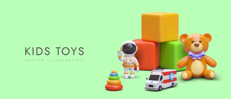 Vector poster with collection of different toys on green background