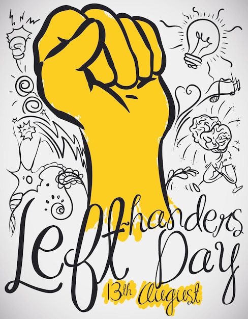 Poster with a commemorative design for International Left Handers Day with doodles around a fist