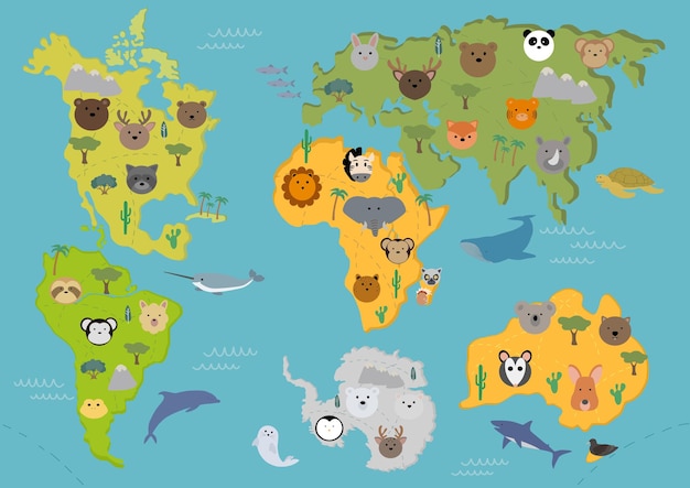 Vector poster with continents and different animals map continents